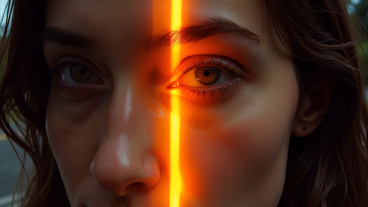 Close-up portrait with vibrant orange laser beam highlighting facial features.