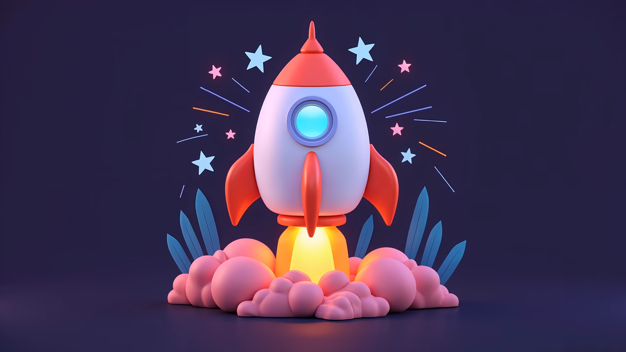 A colorful rocket ship takes off into space, surrounded by stars and clouds.