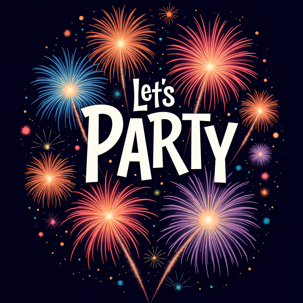 Vibrant party invitation with colorful fireworks and bold text.