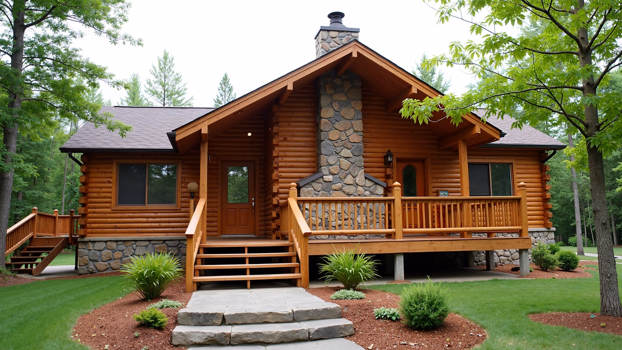 Rustic log cabin with wooden porch and stone accents, surrounded by greenery.