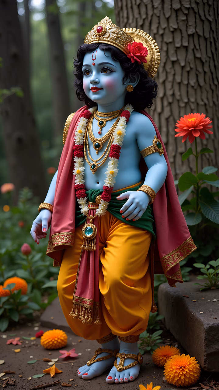 Lord Krishna in traditional attire, surrounded by nature, symbolizing divinity and peace.
