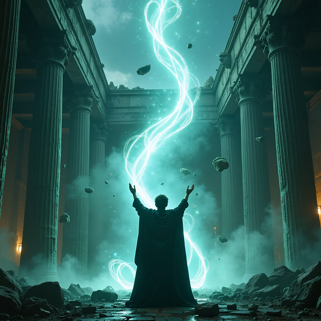 A spellcaster in a mystical setting, casting a glowing spell.