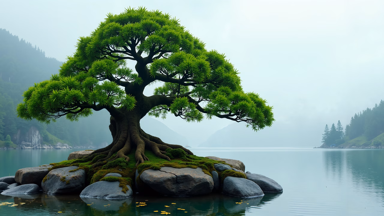 A bonsai tree on a rock island amidst a serene lake surrounded by misty mountains.