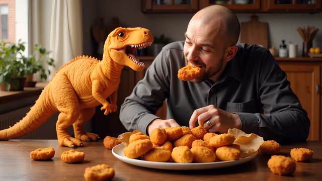 Man Eating Nuggets with Dinosaur Plush
