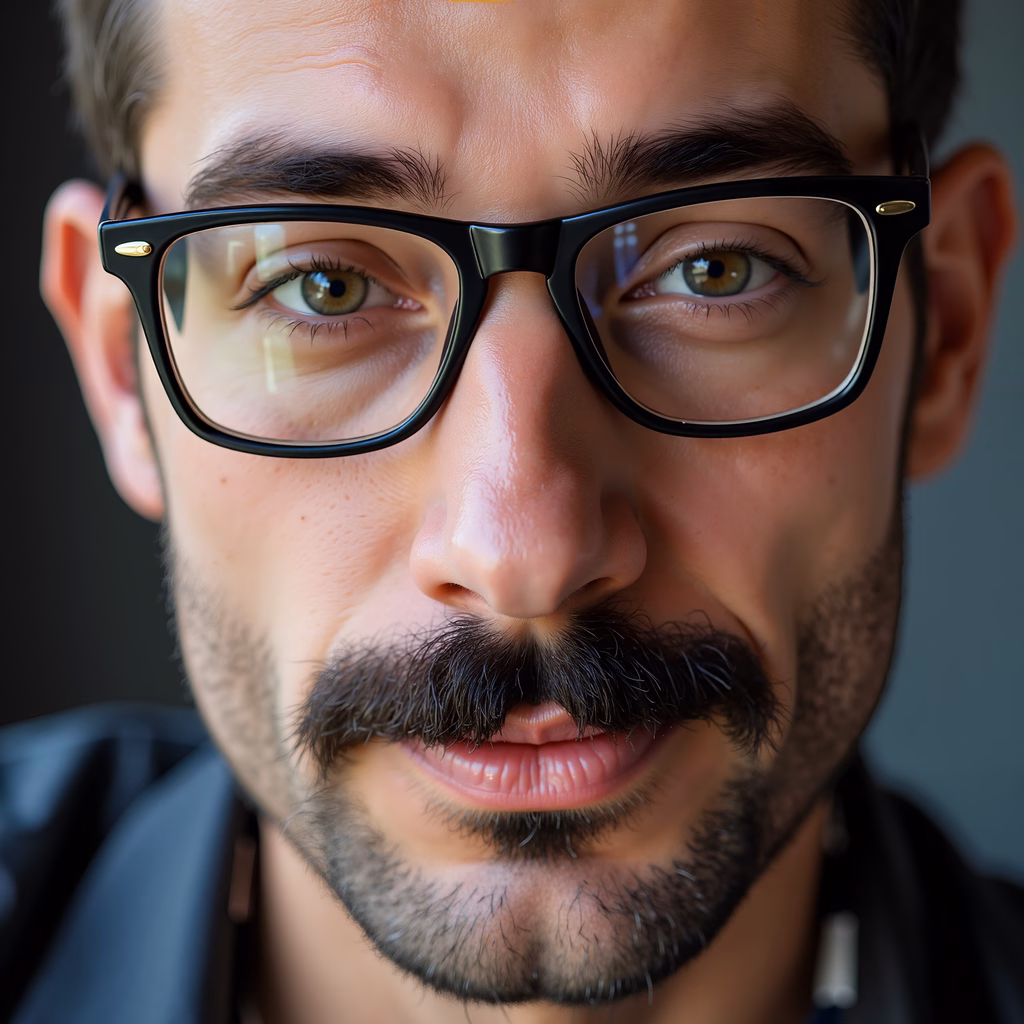 Close-up portrait of a man with glasses, soft lighting, and expressive eyes.