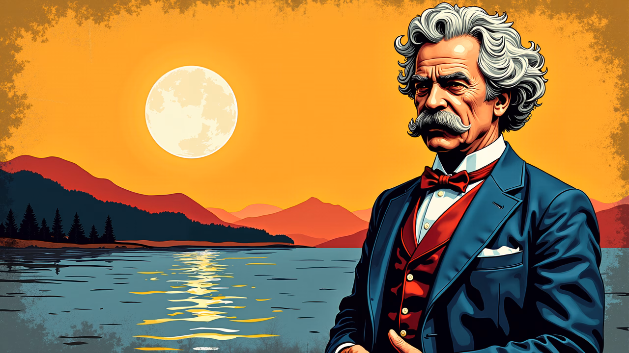 Mark Twain in a serene lakeside setting under a vibrant sunset.