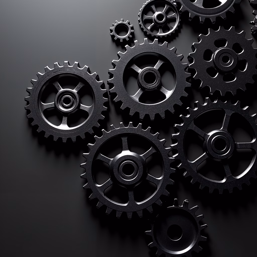 Interlocking gears in a monochromatic black and silver palette, symbolizing precision and mechanical harmony.