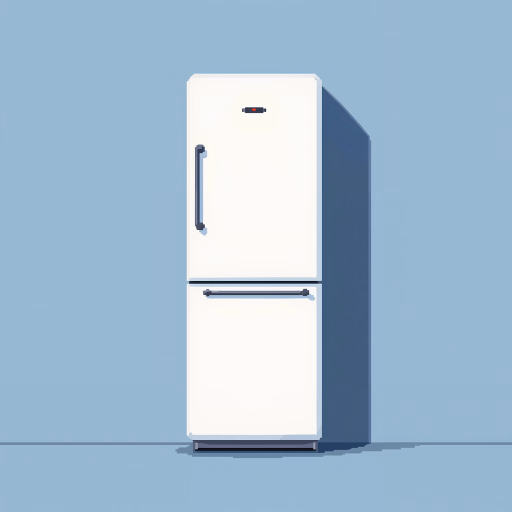 A minimalist illustration of a white refrigerator against a soft blue backdrop, emphasizing simplicity and elegance.