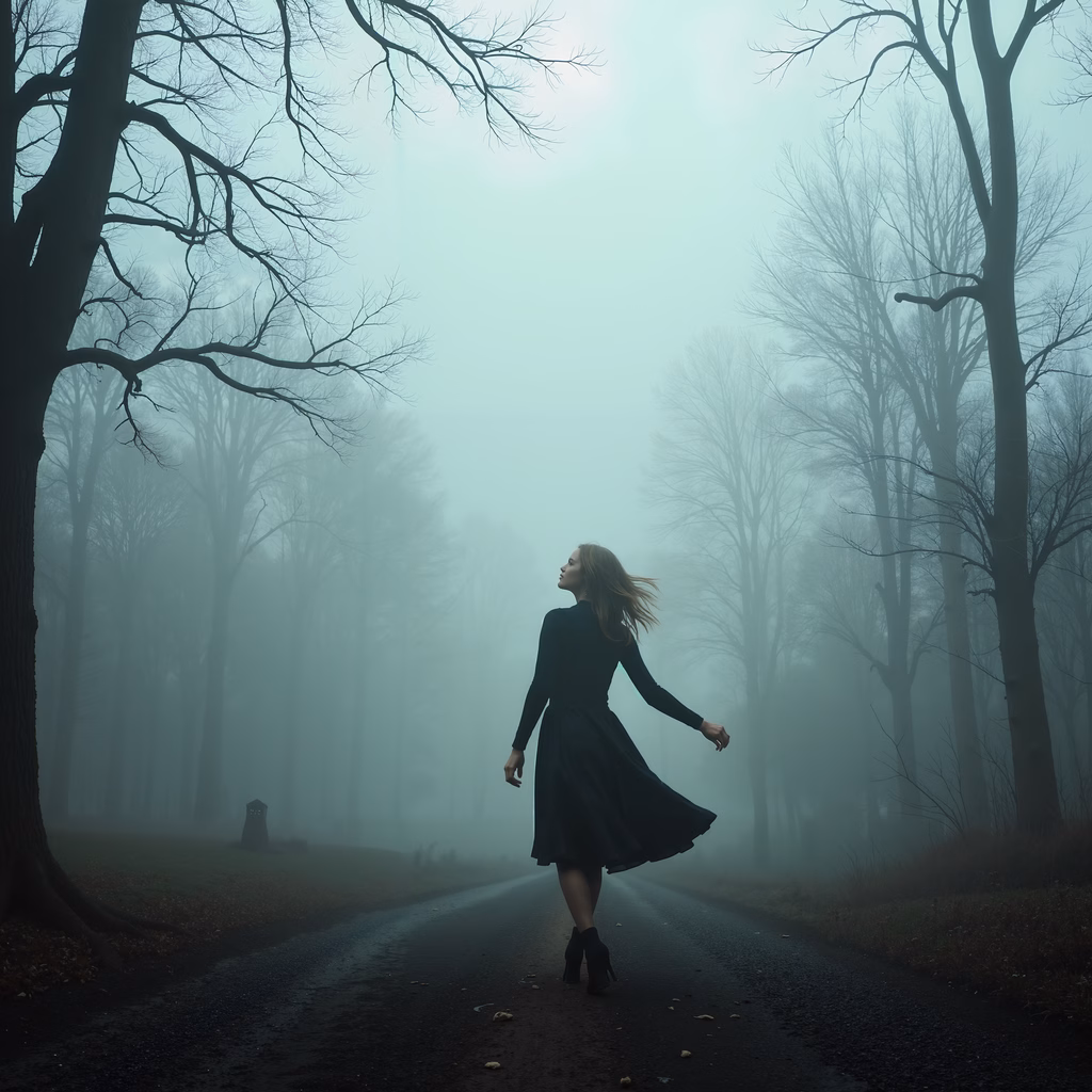 Solitary figure amidst misty forest pathway, evoking mystery and solitude.