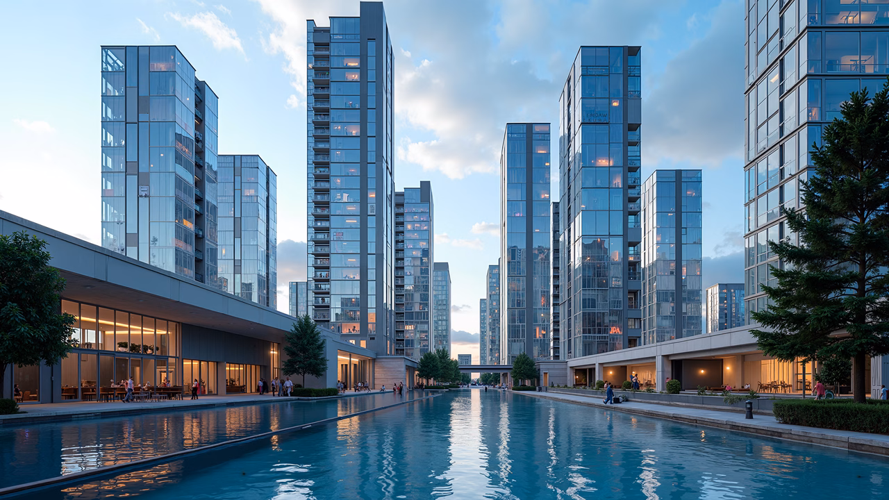 Symmetrical cityscape with modern architecture and reflective water, serene urban setting.