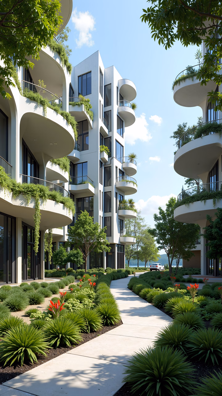 Modern green living architecture with vibrant red flowers and lush greenery.