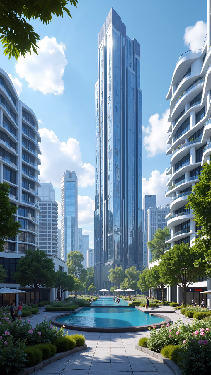 A tranquil urban oasis with a modern skyscraper and lush greenery.