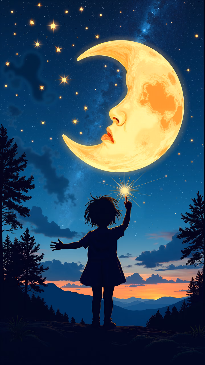 Child reaching for crescent moon in a magical night sky.