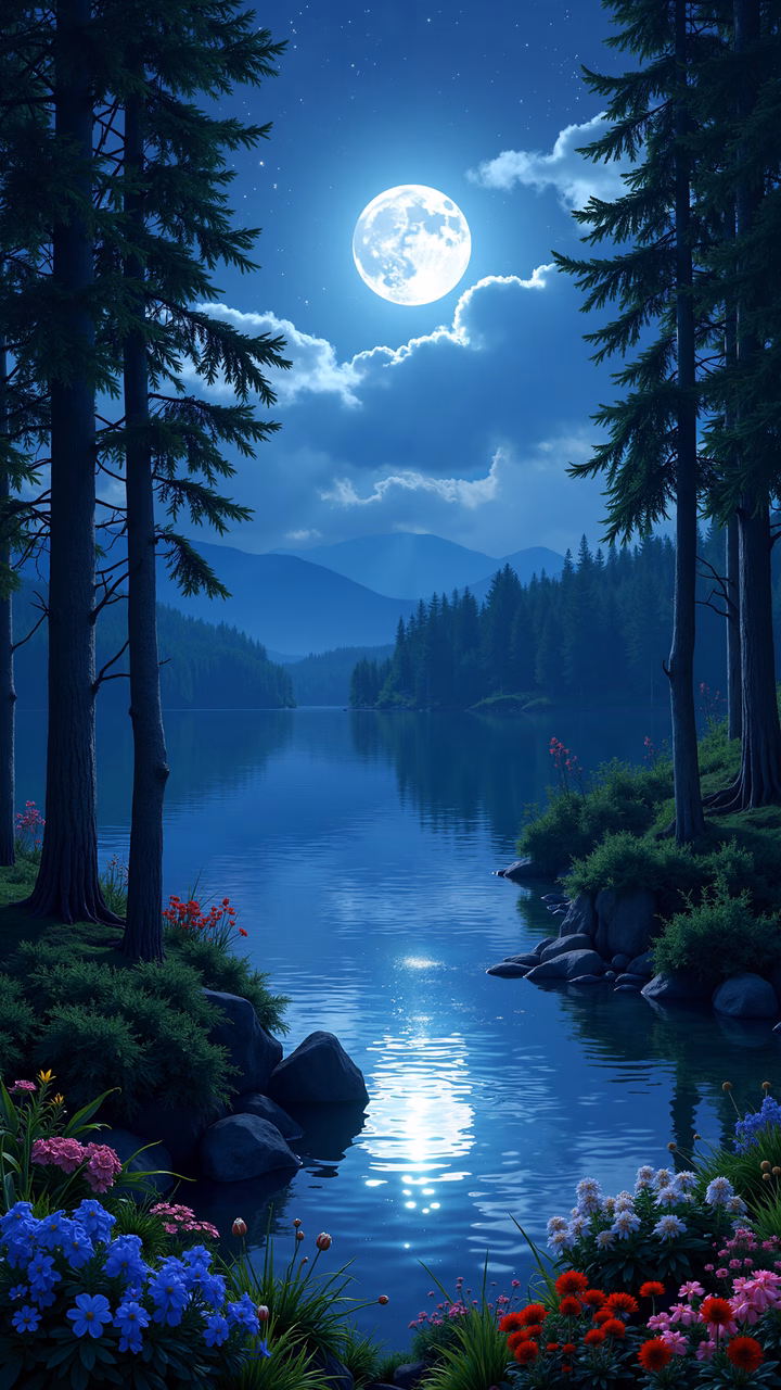 A peaceful moonlit scene with a reflective lake and vibrant flowers.