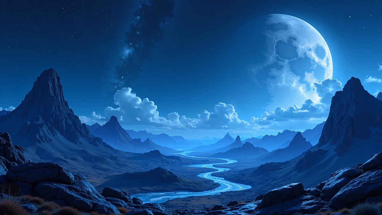 A mesmerizing moonlit landscape with rugged mountains and a winding river under a starry sky.