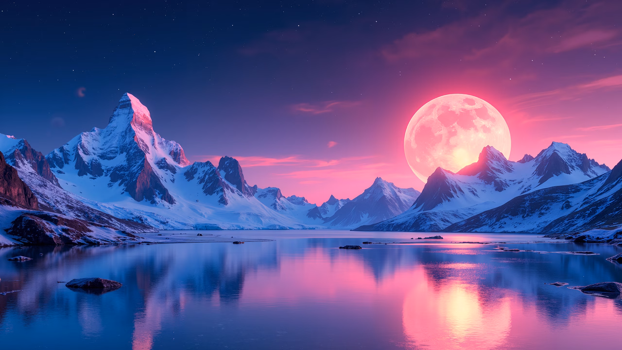 Serene moonlit landscape with snow-capped mountains and a reflective lake.