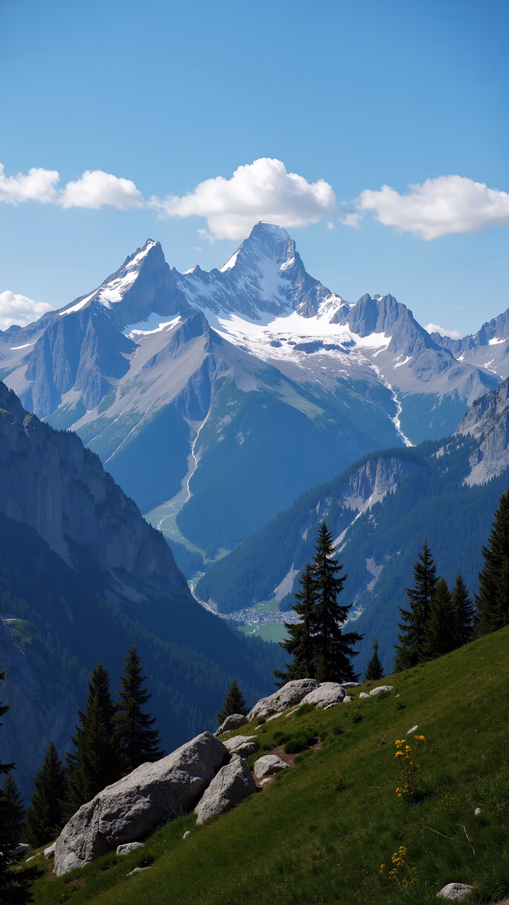 Epic mountain landscape with snow-capped peaks and verdant valleys.