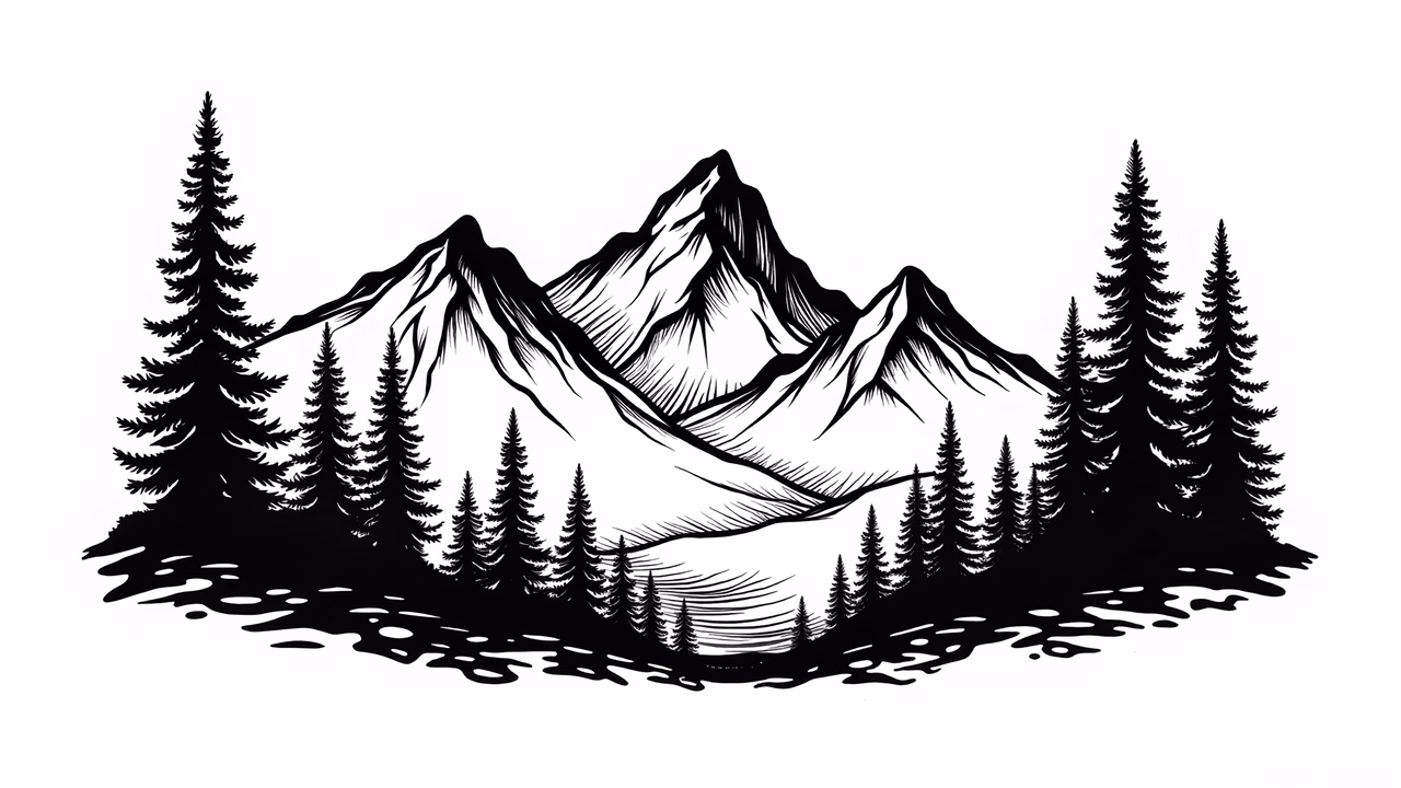 A peaceful black-and-white illustration of a mountainous landscape with pine trees.