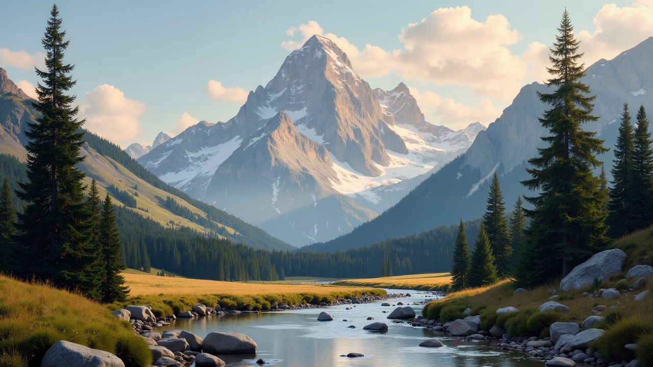 A tranquil mountain landscape with towering peaks and a calm river, evoking peace and awe.