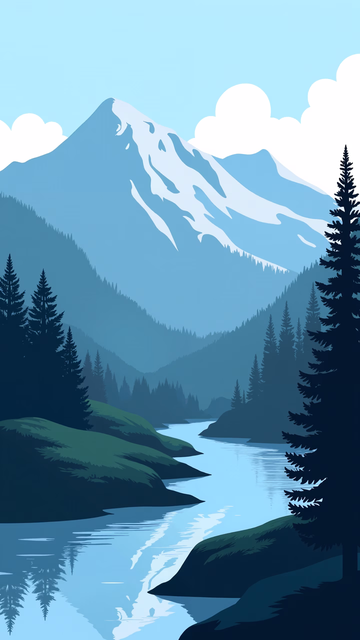 A peaceful mountain landscape with snow-capped peaks and a reflective river.