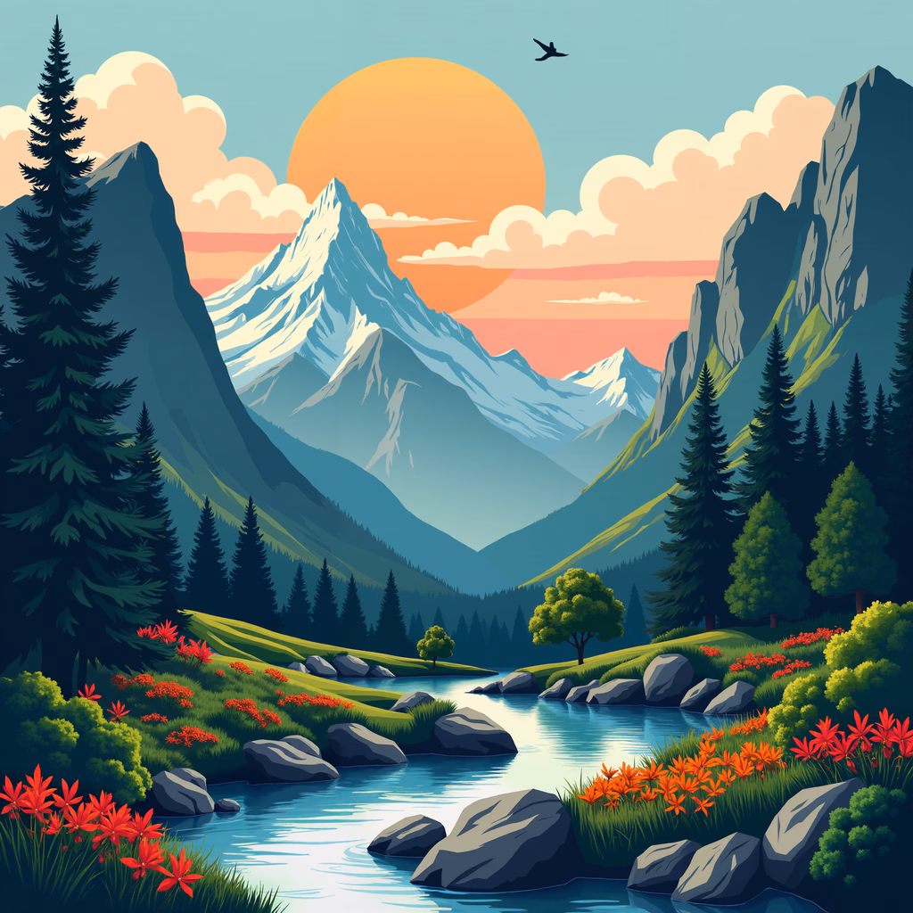 A tranquil mountain landscape at sunset, featuring snow-capped peaks, lush forests, and a serene river.