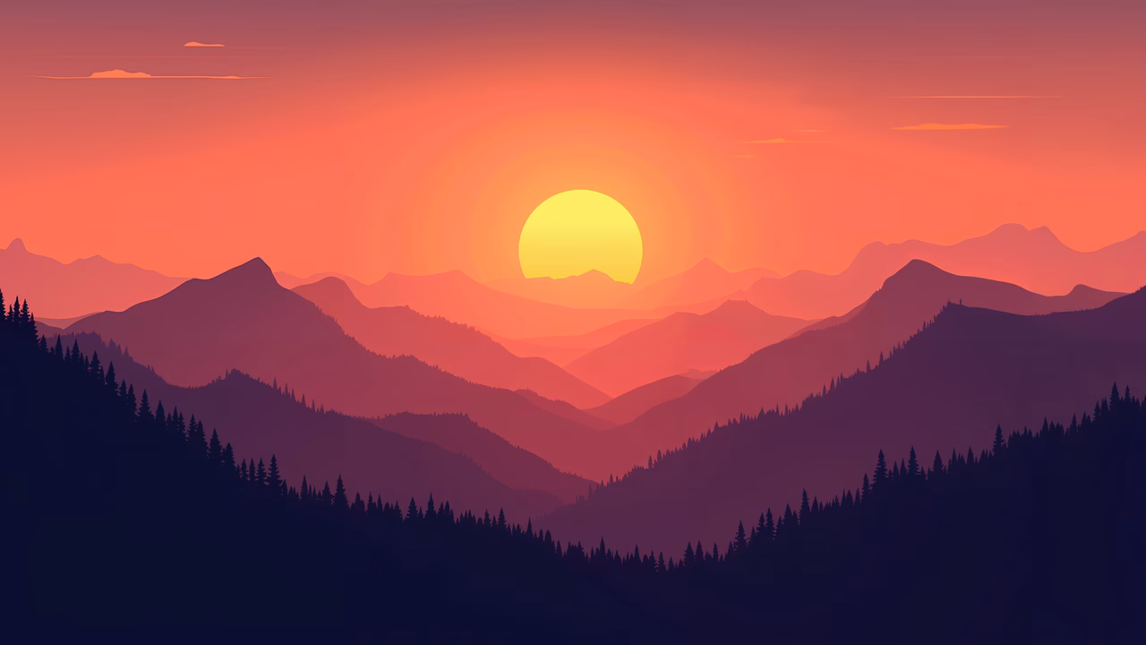 A tranquil sunset over layered mountains and forested slopes.