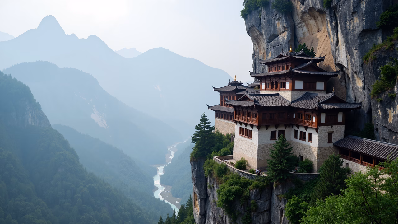 A majestic mountain temple perched on a cliff, surrounded by lush greenery and a winding river, evoking tranquility and reverence.