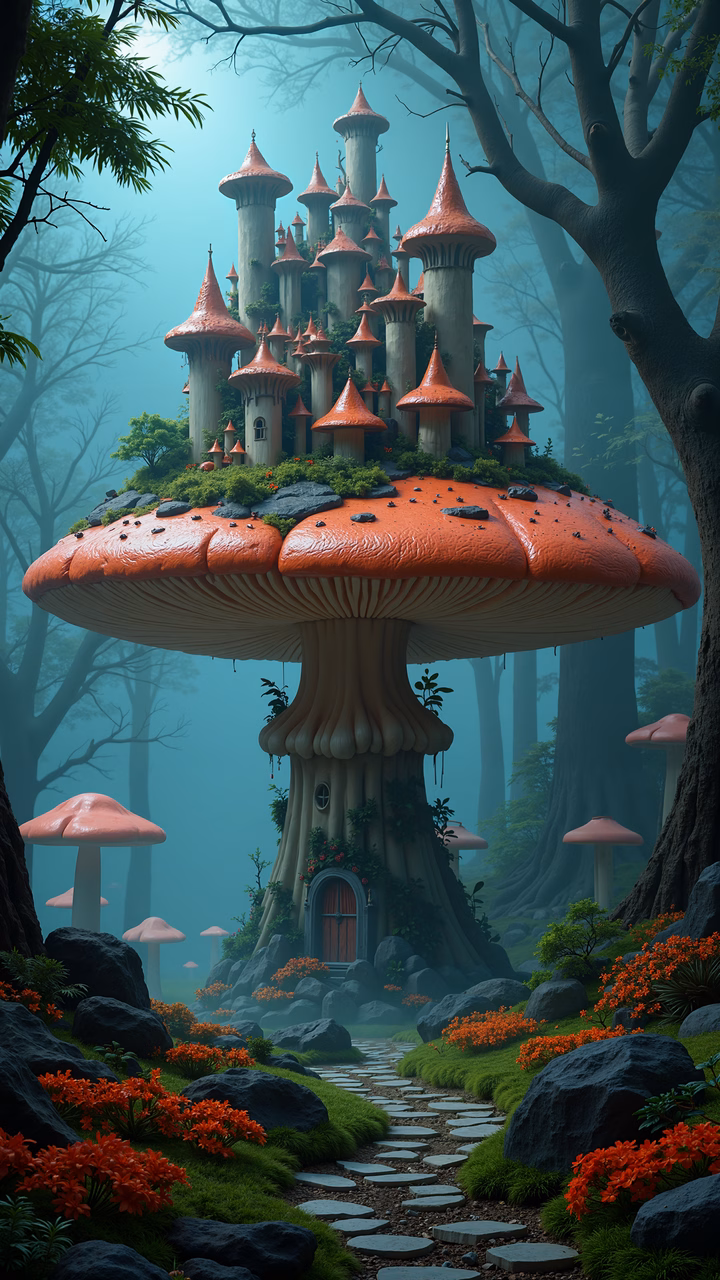 A magical mushroom castle in a lush, enchanted forest setting.