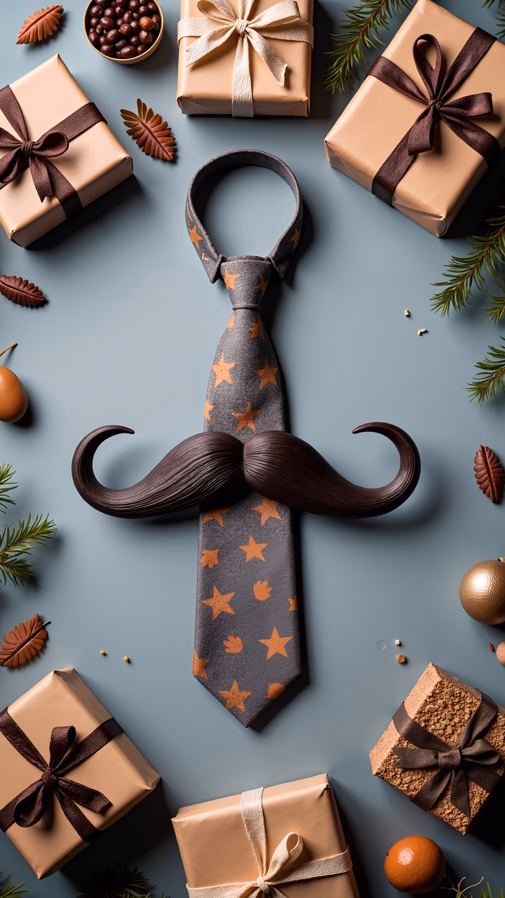 Whimsical mustache tie and gifts for the holidays.