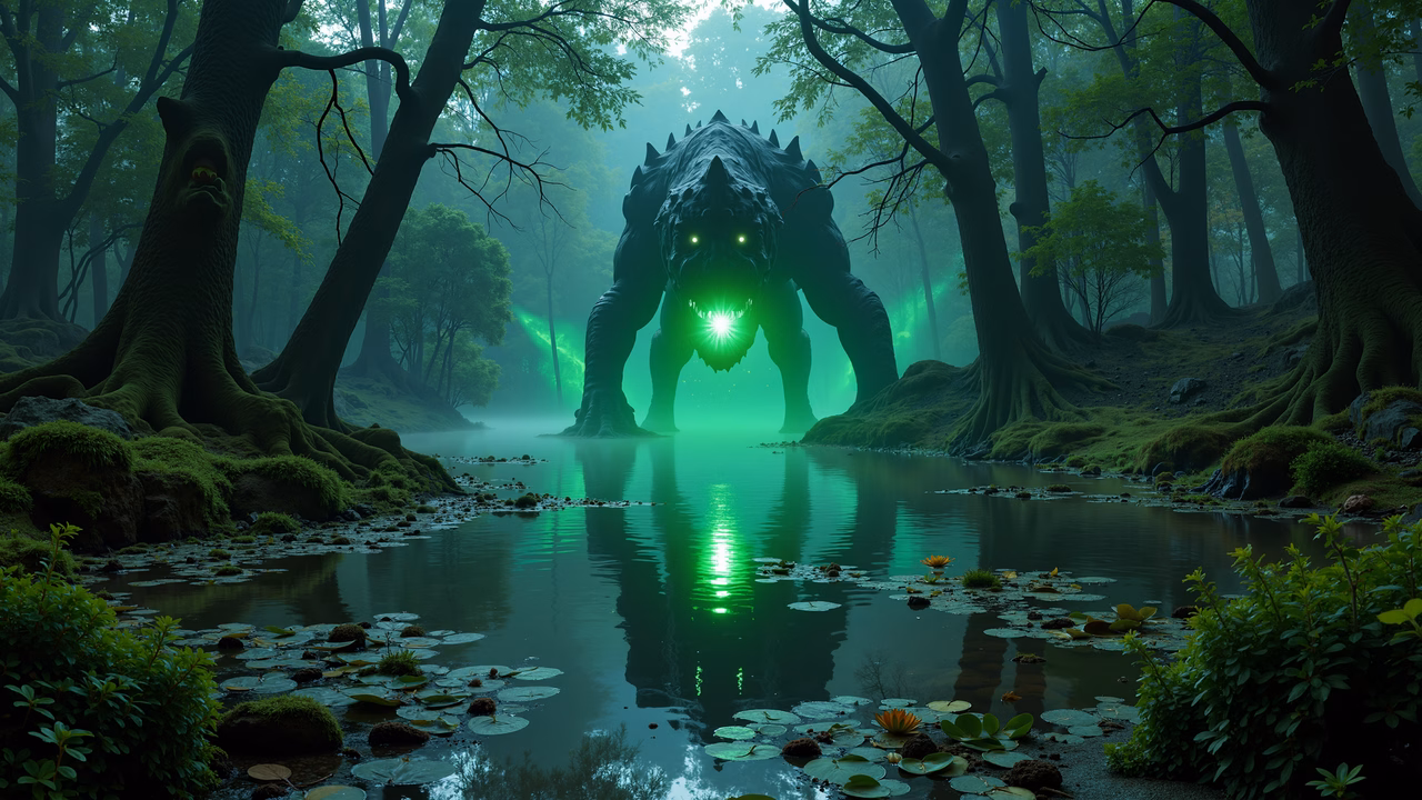 A monstrous creature lurking in a foggy forest, casting an eerie glow over the scene.