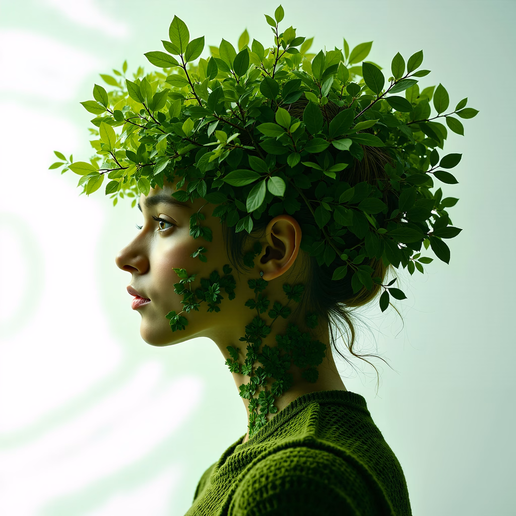 A harmonious blend of human and nature, captured in vibrant greens.