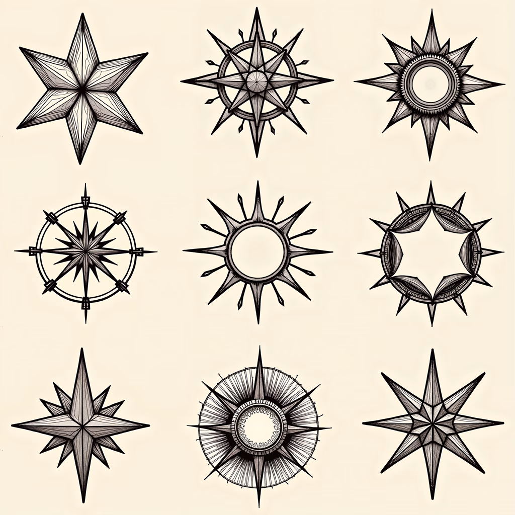 Detailed nautical compass roses with intricate line work and a vintage monochrome palette.
