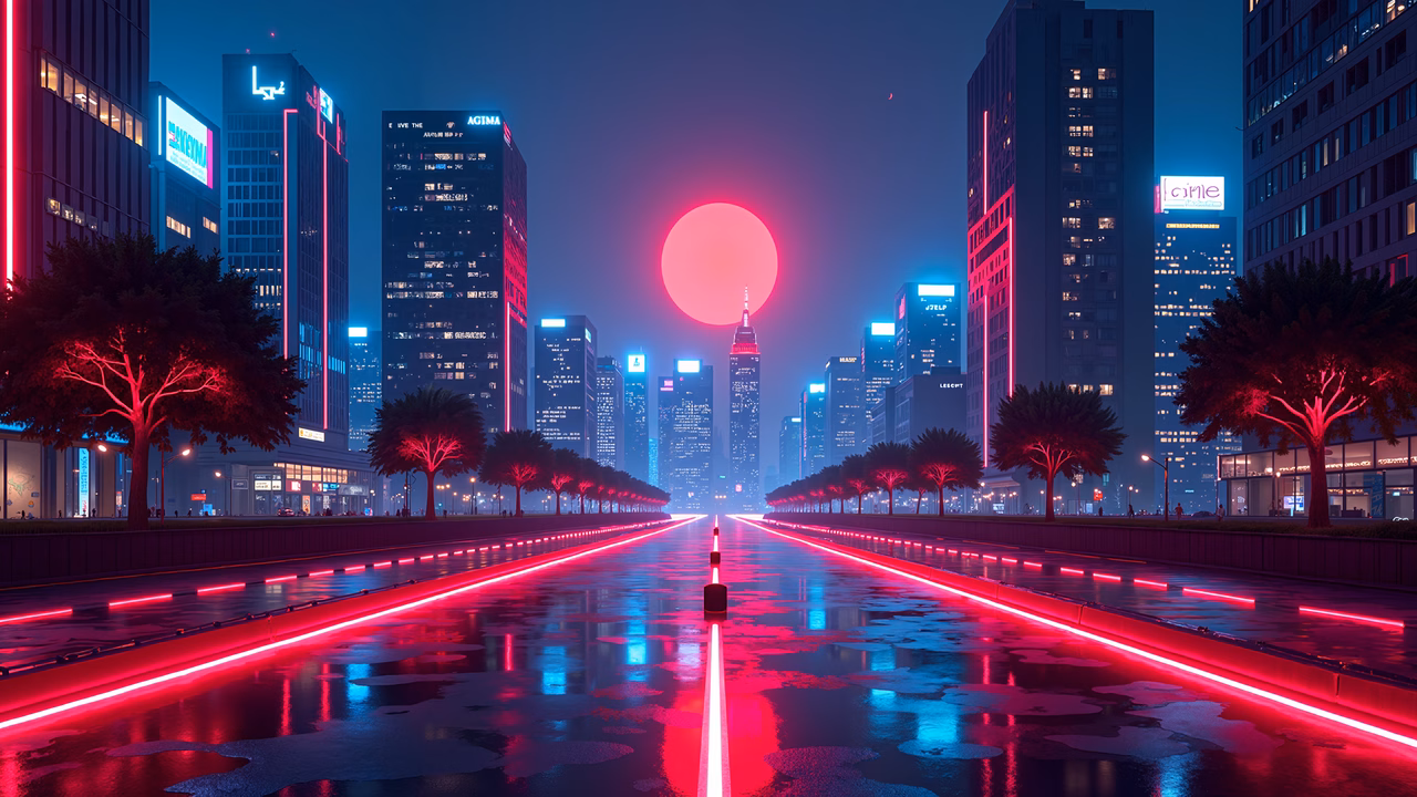 Vibrant neon cityscape with glowing pink sun and reflective wet streets.