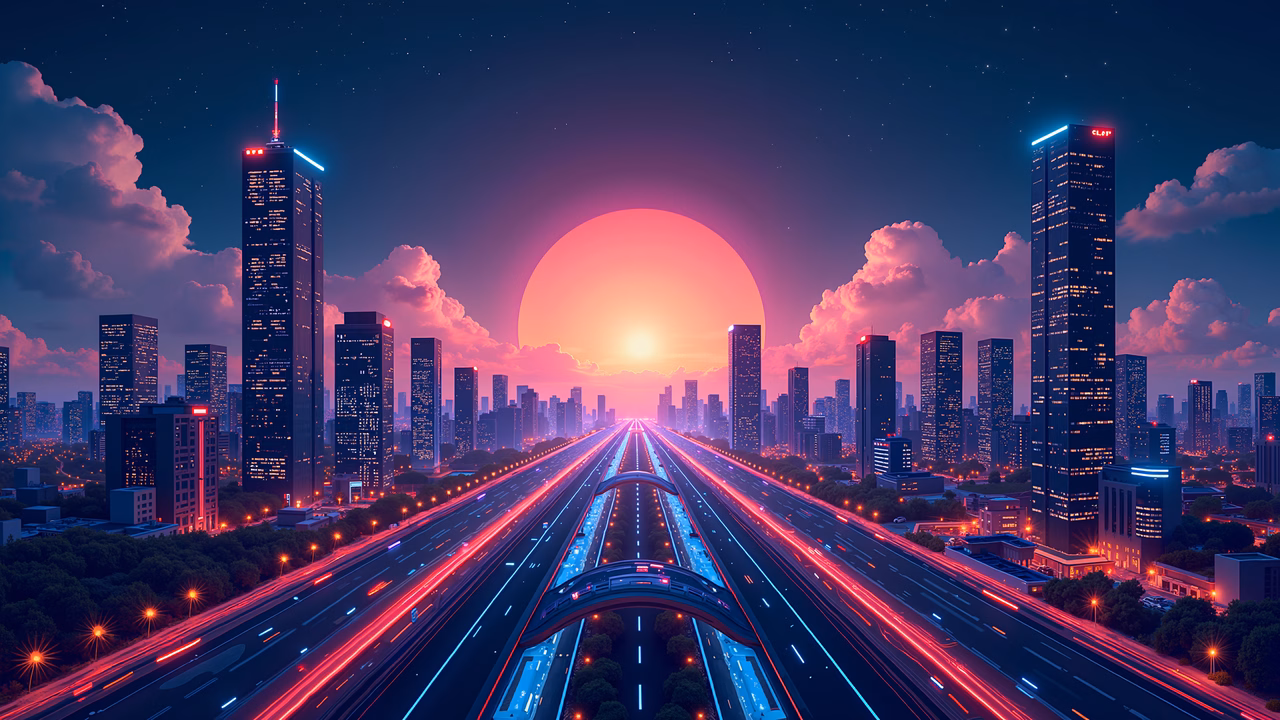 Futuristic cityscape with neon lights and bustling highways at dusk.
