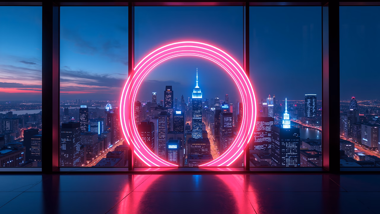 Vibrant neon ring illuminates a cityscape at dusk, reflecting off a glossy floor.