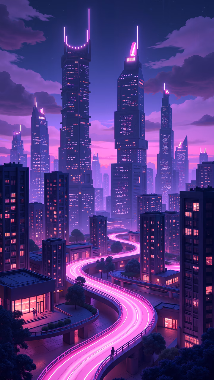 A neon-lit futuristic cityscape with towering skyscrapers and dynamic neon-lit roads.