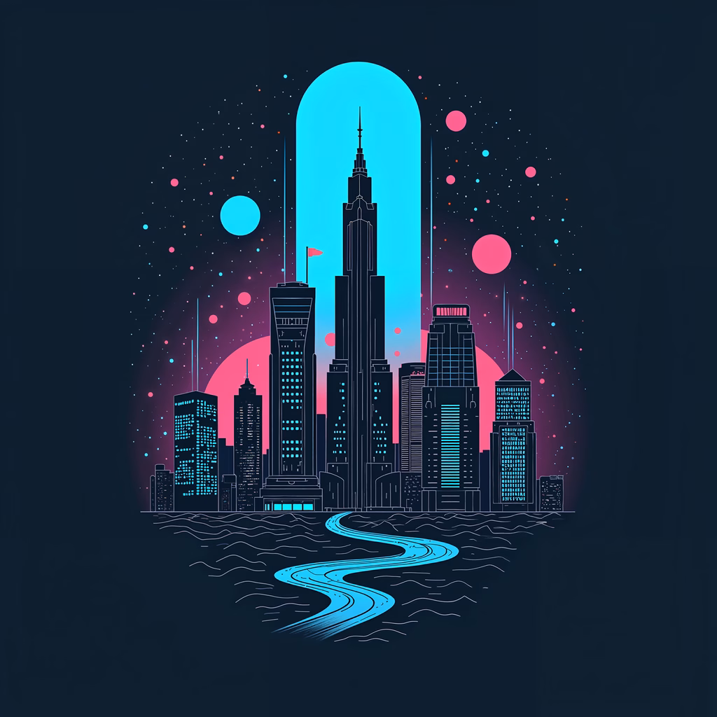 Futuristic cityscape with neon lights and floating spheres.
