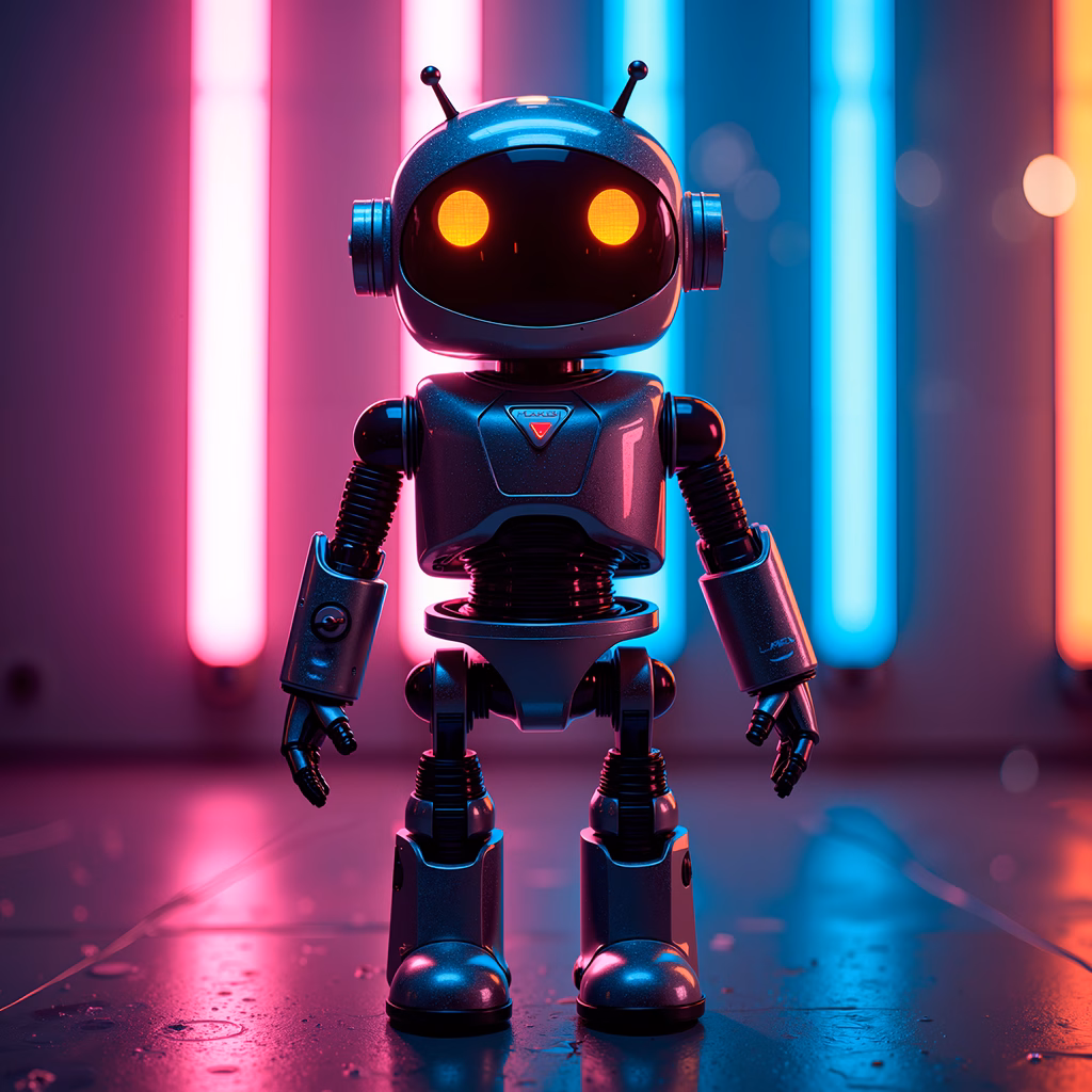 A cyberpunk-inspired robot amidst neon lights, blending technology and fantasy.