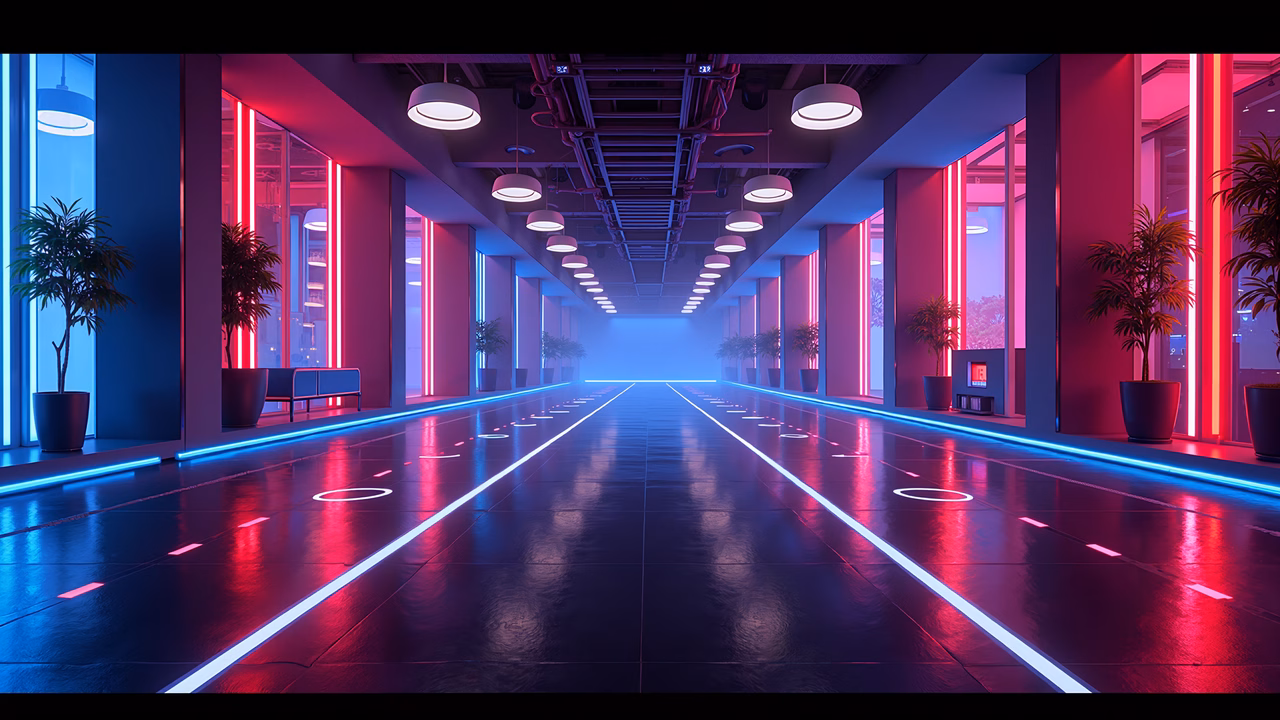 Futuristic neon-lit hallway with reflective floors and symmetrical planters.