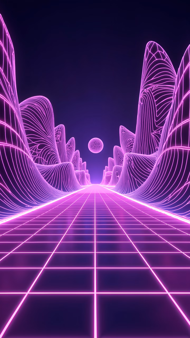 Vibrant neon grid landscape with stylized mountains and glowing orb.
