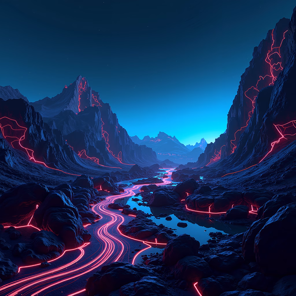 Vibrant neon rivers in a mysterious mountain valley.