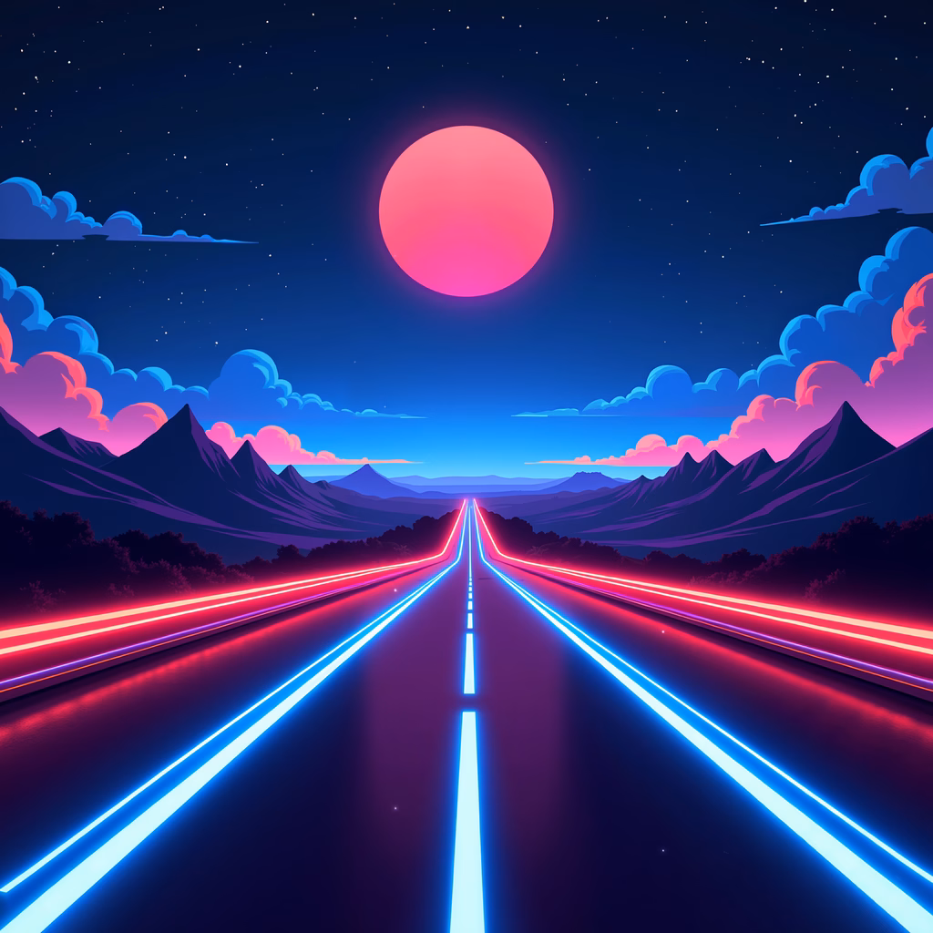 A neon-lit road stretching into the distance under a starry night sky, evoking a sense of adventure and exploration.