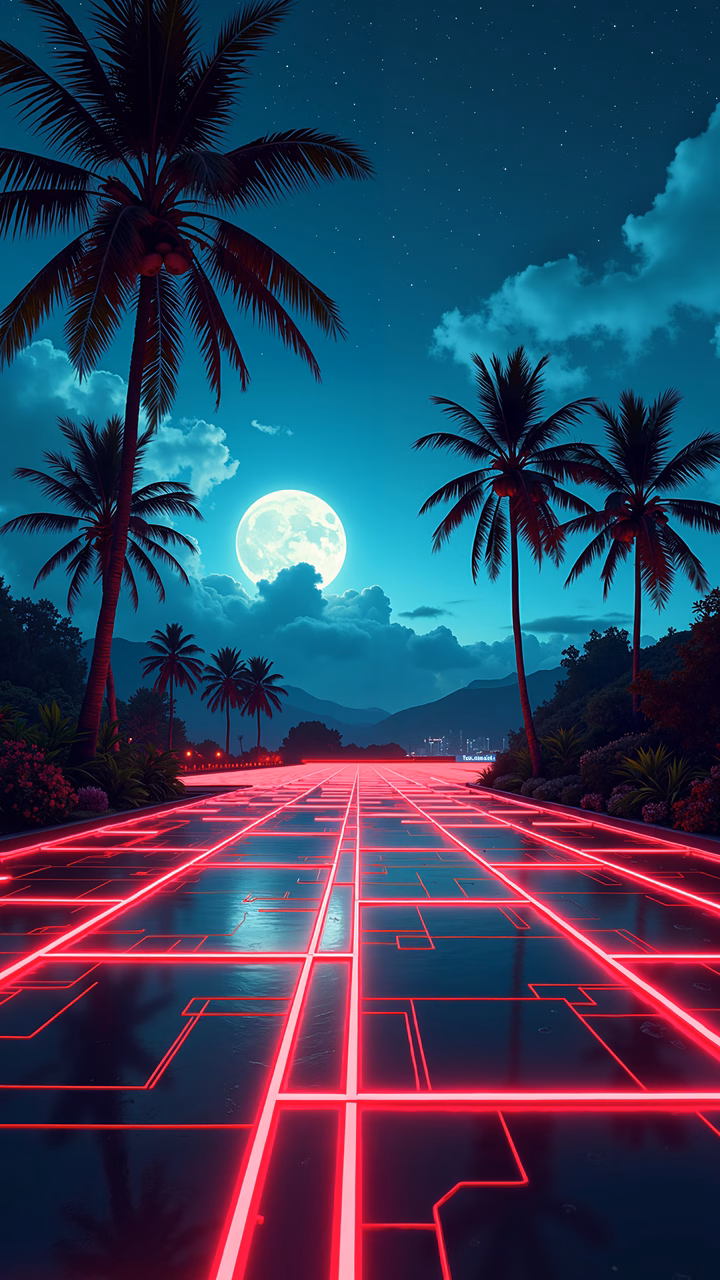 Vibrant neon road under a starlit sky, palm trees, and a full moon.