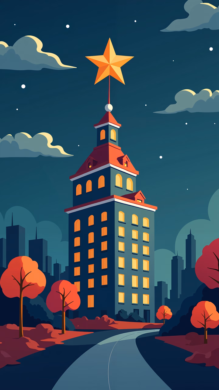 A tranquil night scene featuring a glowing building with a golden star, set against a backdrop of autumn trees and urban silhouettes.