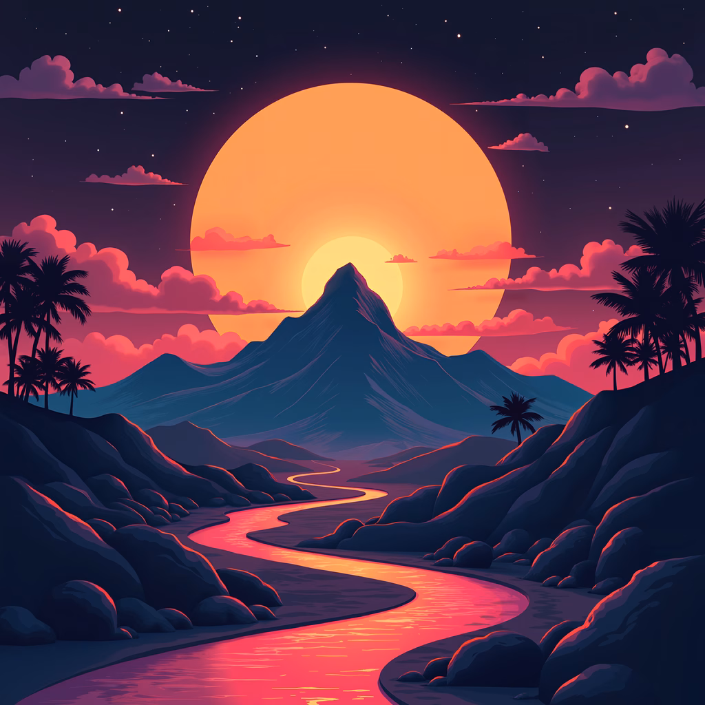 A tranquil night scene with a glowing moon over a winding river and rugged terrain.