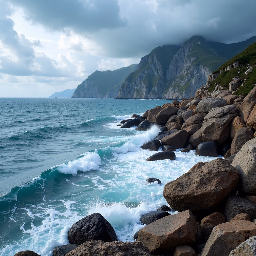 Dynamic ocean waves crash against a rocky shore under a partly cloudy sky, showcasing nature's raw beauty.