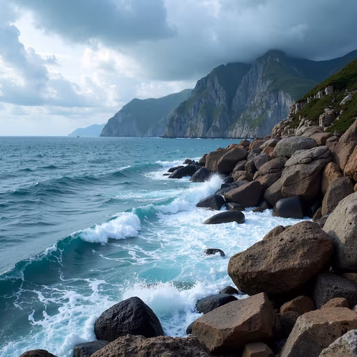 Ocean Waves Crashing on Rocky Shore