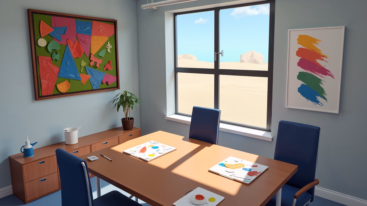 Modern office with desert view and colorful art, perfect for creativity and productivity.