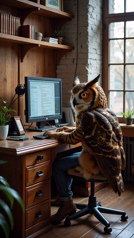 Owl Working on Computer