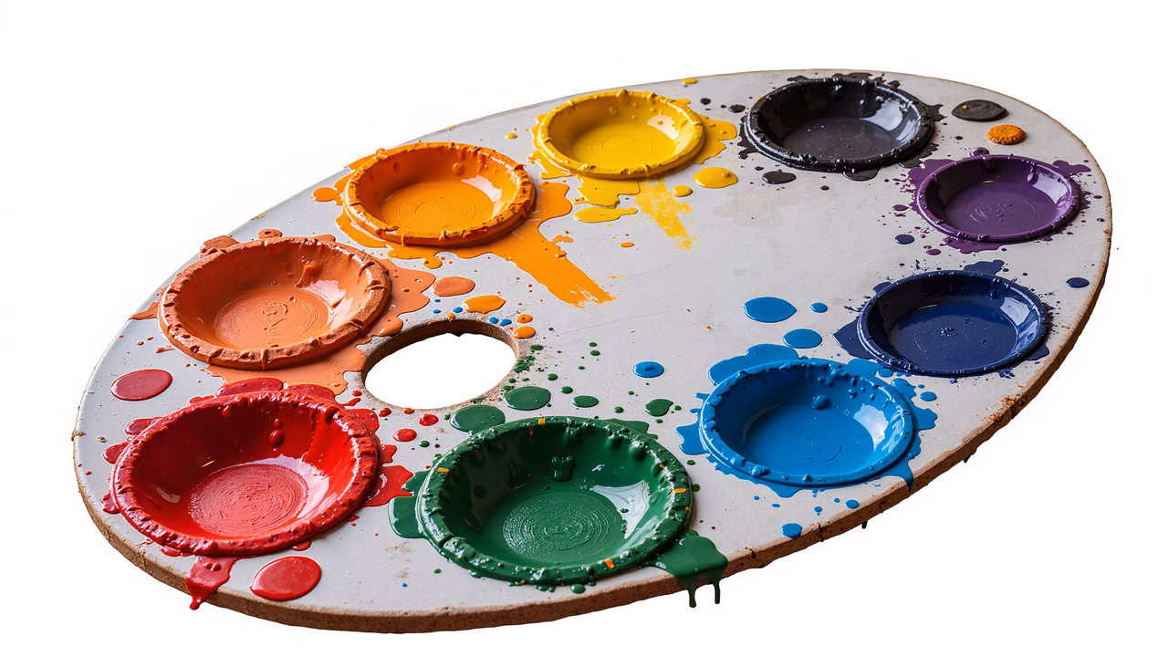Vibrant paint palette with colorful wells and splatters.